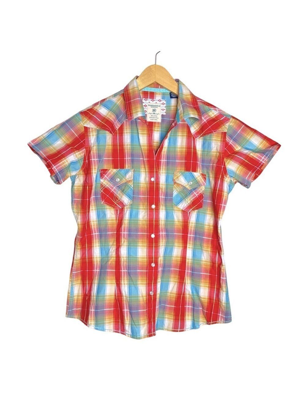 Panhandle Slim Short Sleeve Plaid Multi Colour Pearl Snap Button Western Shirt-M